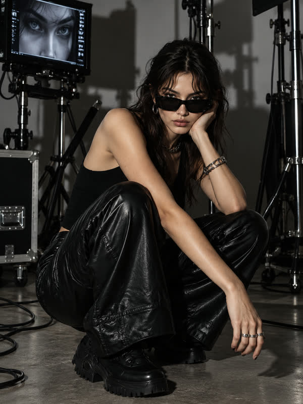 Frau in Lederhose hockt im Fotostudio zwischen Lampen und Monitor