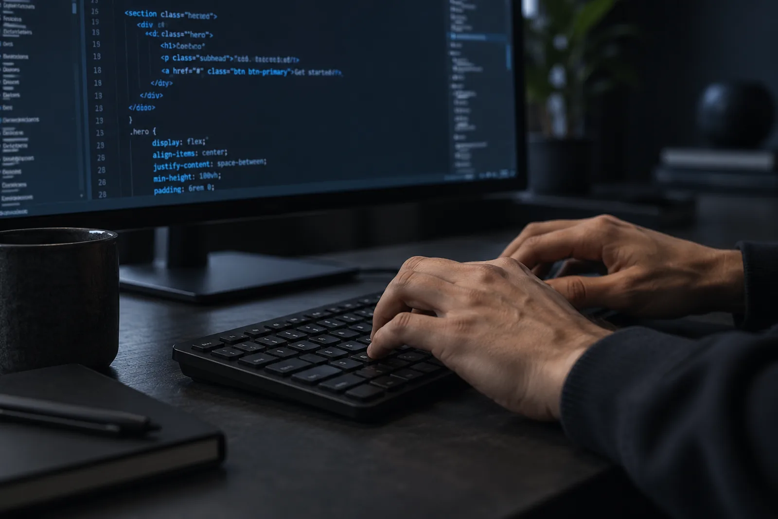 Hände tippen auf einer Tastatur vor einem Bildschirm mit Programmcode.
