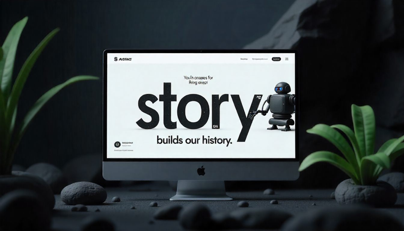 Bildschirm in dunkler Steinkulisse zeigt eine Website mit der Schlagzeile „story builds our history“