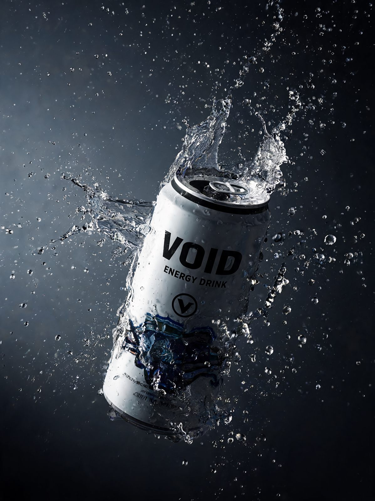 Weiße Getränkedose im Aufprall, von einer Krone aus Wassertropfen umschlossen