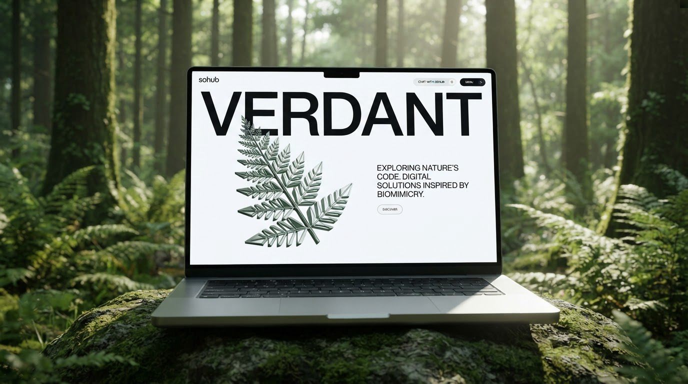 Aufgeklappter Laptop auf bemoostem Stein im Wald, auf dem Bildschirm die Startseite „Verdant“